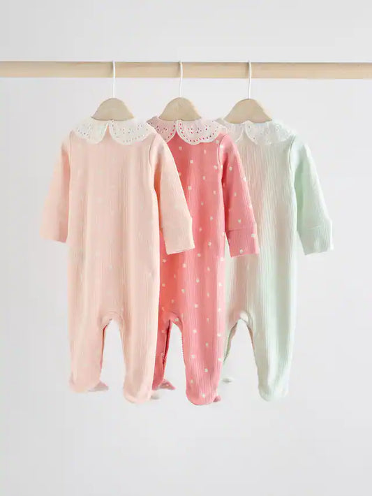 |BabyGirl| Macacão De Dormir Para Bebê Com Gola 100% Algodão Rosa, Pacote Com 3 Unidades (0-2 anos)
