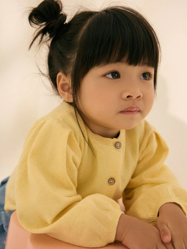 |Girl| Cardigan Amarelo Limão Com Manga Plissada (3 meses a 10 anos)