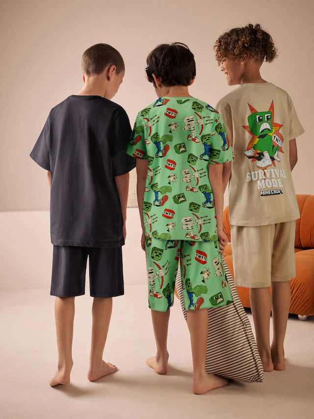 |BigBoy| Pijama Curto Minecraft 100% Algodão Preto/Verde/Com Licença De Pedra, Pacote com 3 (3 a 16 anos)