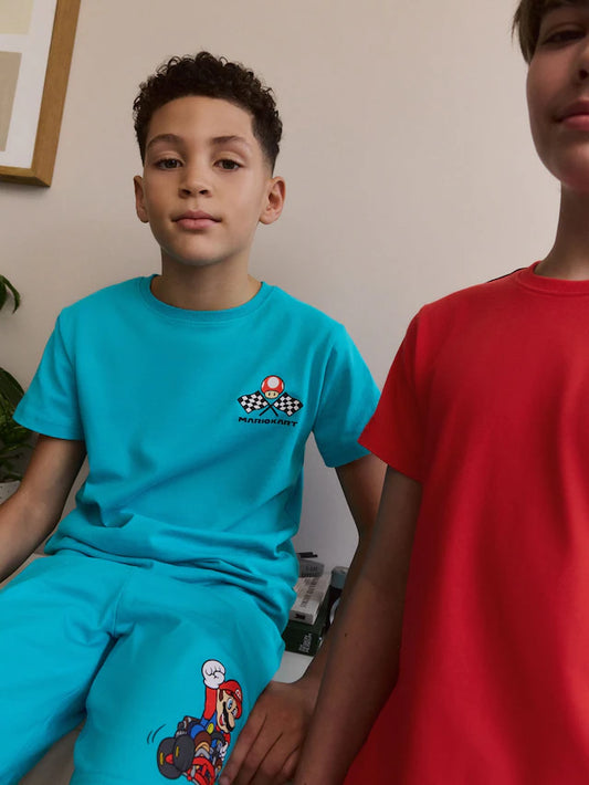 |BigBoy| Pijama Curto Mario Kart Azul/Vermelho, Pacote com 2, 100% Algodão (3-16 anos)