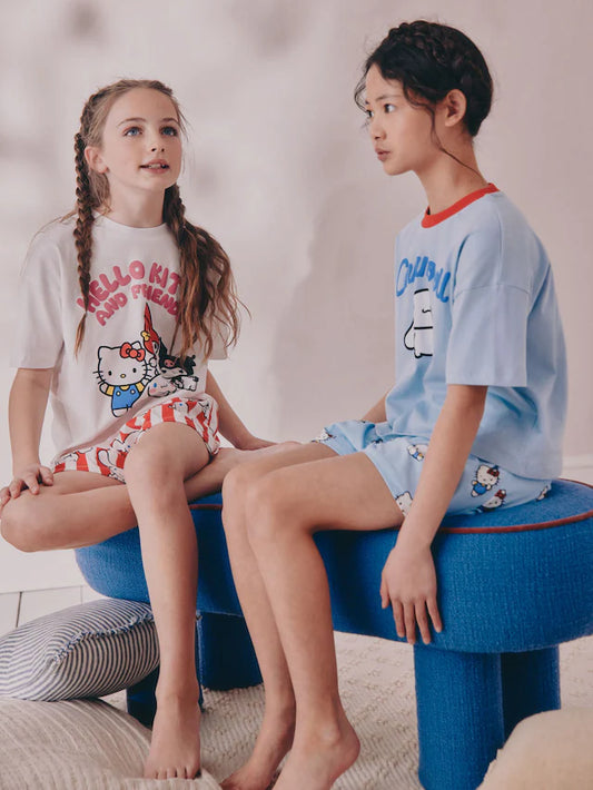 |BigGirl| Pijama Curto Azul Hello Kitty, Pacote Com 2 (3-14 anos)