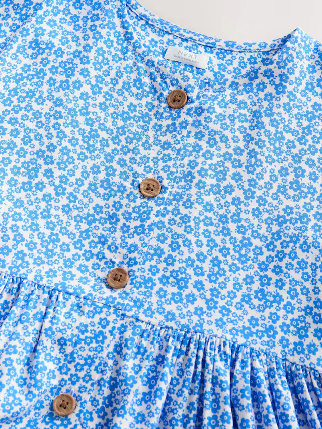 |BigGirl| Vestido Azul Com Botões Ditsy (3-16 anos)