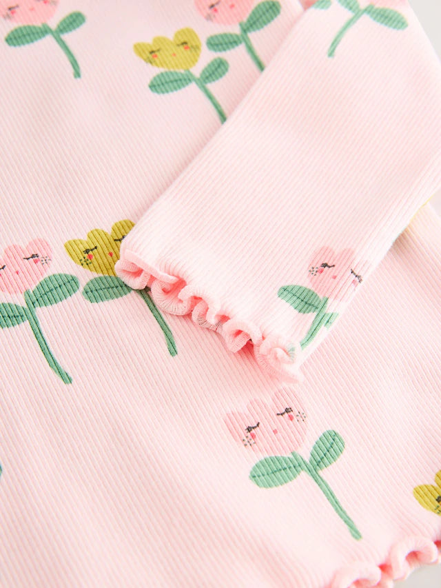 |Girl| Camiseta De Manga Comprida Canelada Com Estampa De Flor Rosa (3 meses a 7 anos)