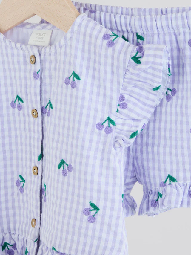 |BabyGirl| Conjunto De Camisa e Shorts 100% Algodão Xadrez Roxo/Cereja Para Bebê (0 meses a 3 anos)