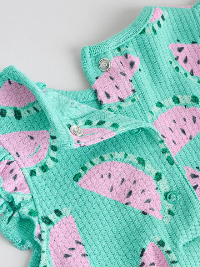 |BabyGirl| Macacão Estampado Com Babados e Frutas Para Bebês, Verde/Rosa, 100% Algodão, pacote com 2