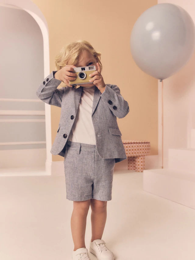 |Boy| Conjunto De Blazer, Camiseta e Shorts Em Mistura De Linho Azul (3 meses a 9 anos)