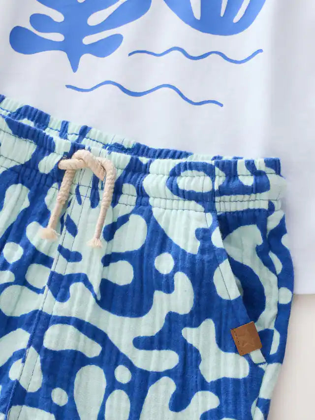 |Boy| Conjunto De Camiseta e Shorts Branco/Azul 100% Algodão (3 meses a 7 anos)