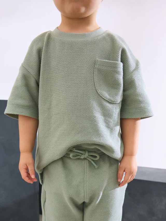 |Boy| Conjunto De Blusa e Shorts Texturizados 100% Algodão Verde Sálvia (3 meses a 7 anos)