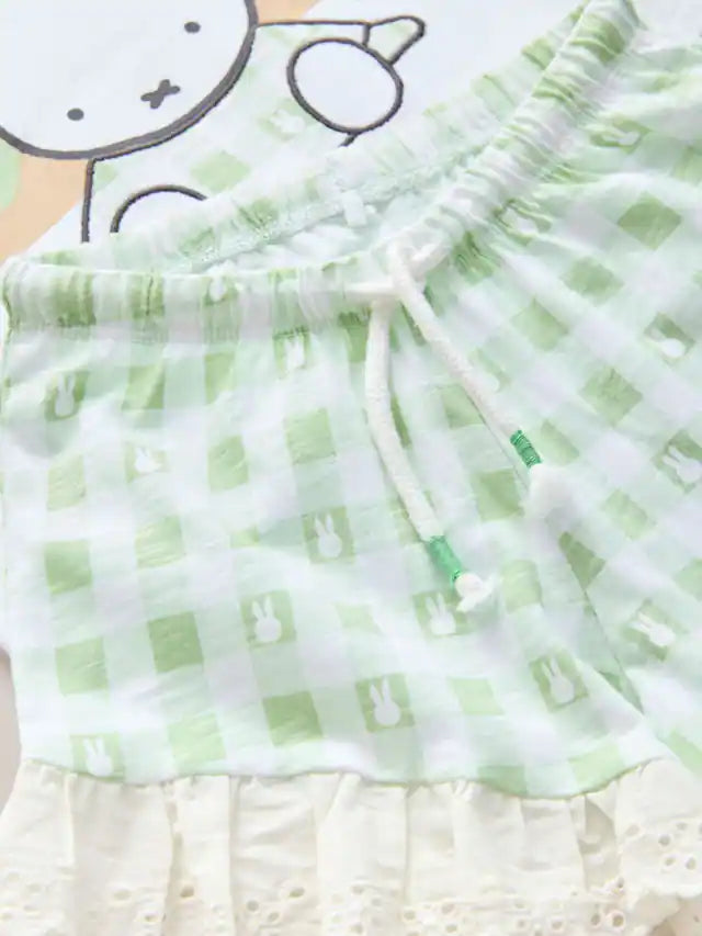 |Girl| Conjunto De Camiseta e Shorts Miffy De Manga Curta 100% Algodão Xadrez Verde (3 meses a 7 anos)