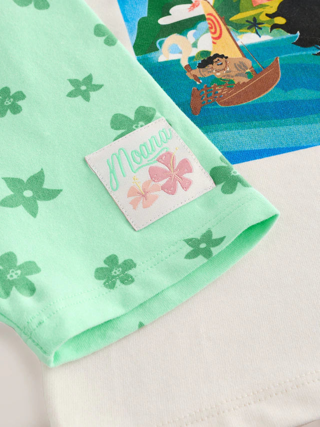 |Girl| Conjunto De Camiseta De Manga Curta e Shorts De Ciclismo Moana Da Disney Verde/Cru (3 meses a 7 anos)