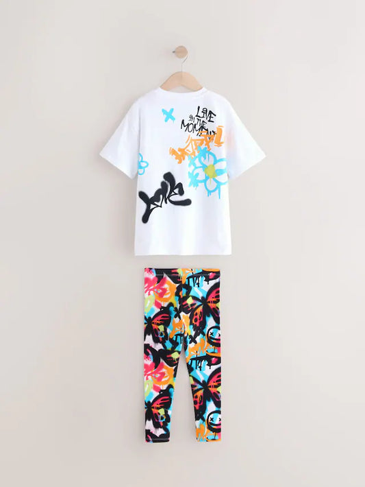 |BigGirl| Conjunto De Camiseta e Leggings Oversized Grafite Branco/Azul (3-16 anos)