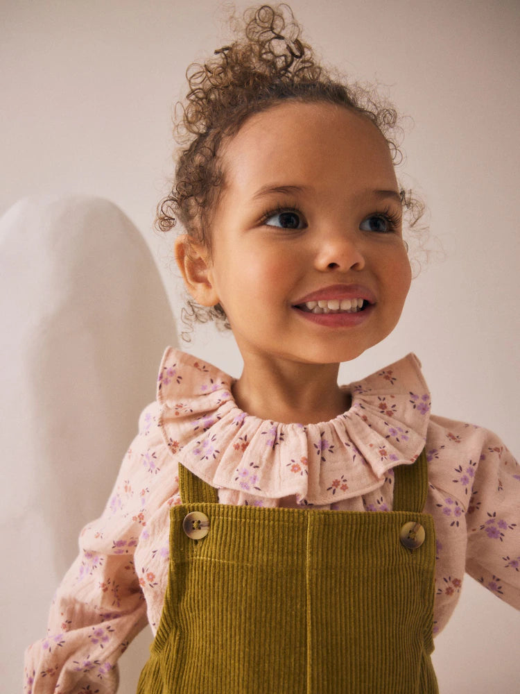 |Girl| Conjunto De Blusa e Meia-Calça De Veludo Cotelê Com Estampa Floral Verde (3 meses a 7 anos)