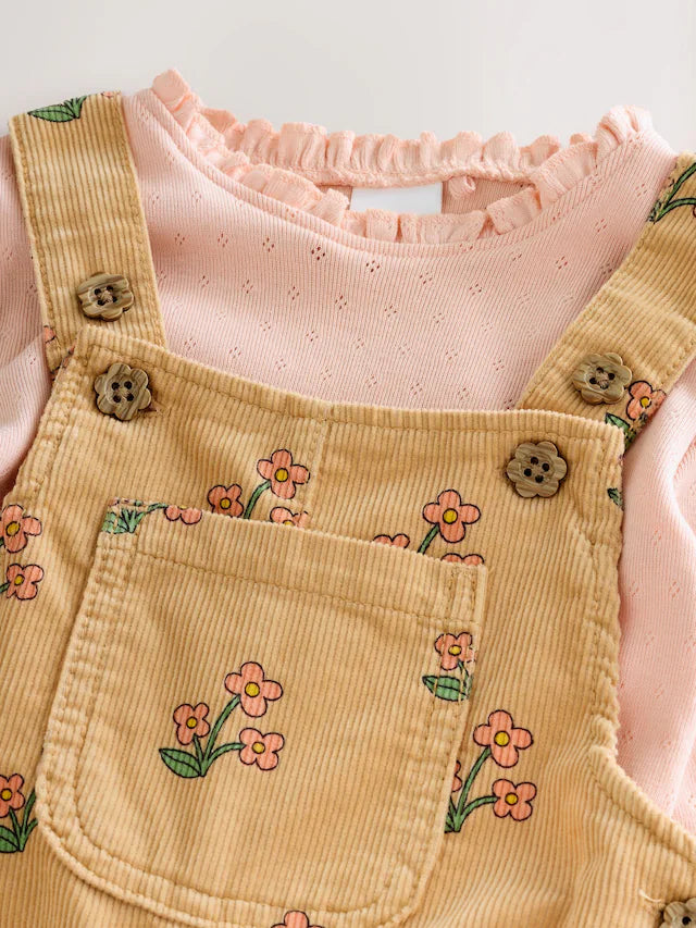 |Girl| Conjunto De Macacão e Camiseta De Veludo Cotelê Com Estampa Floral Amarelo Ocre (3 meses a 7 anos)