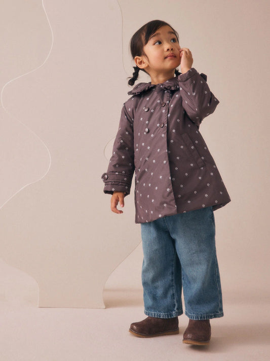 |Girl| Casaco Marrom Chocolate Resistente Ao Banho Com Gola De Babados (3 meses a 7 anos)