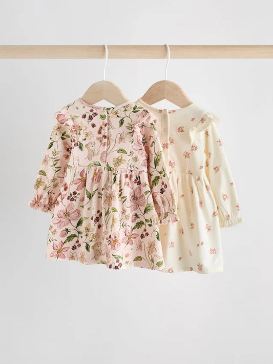 |BabyGirl| Vestidos De Malha Para Bebês Com Estampa Floral Rosa/Creme, Pacote Com 2 (0 meses a 2 anos)