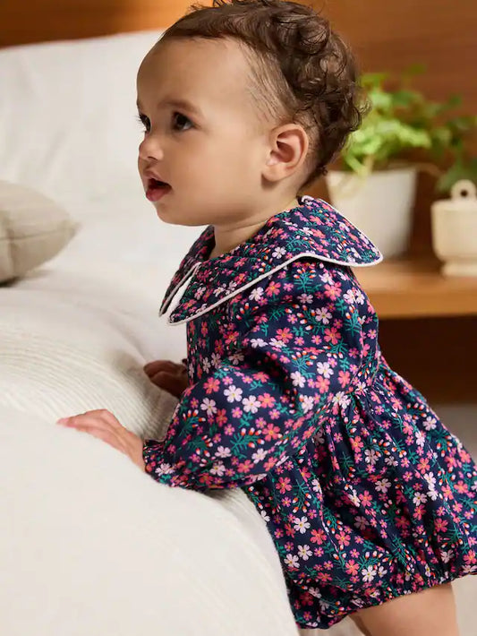 |BabyGirl| Macacão Azul Marinho Com Meia-Calça e Estampa Floral Para Bebês (0 meses a 3 anos)