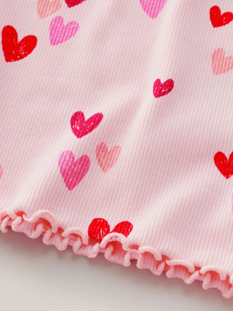 |Girl| Camiseta De Manga Comprida Canelada Com Estampa De Coração Rosa (3 meses a 7 anos)