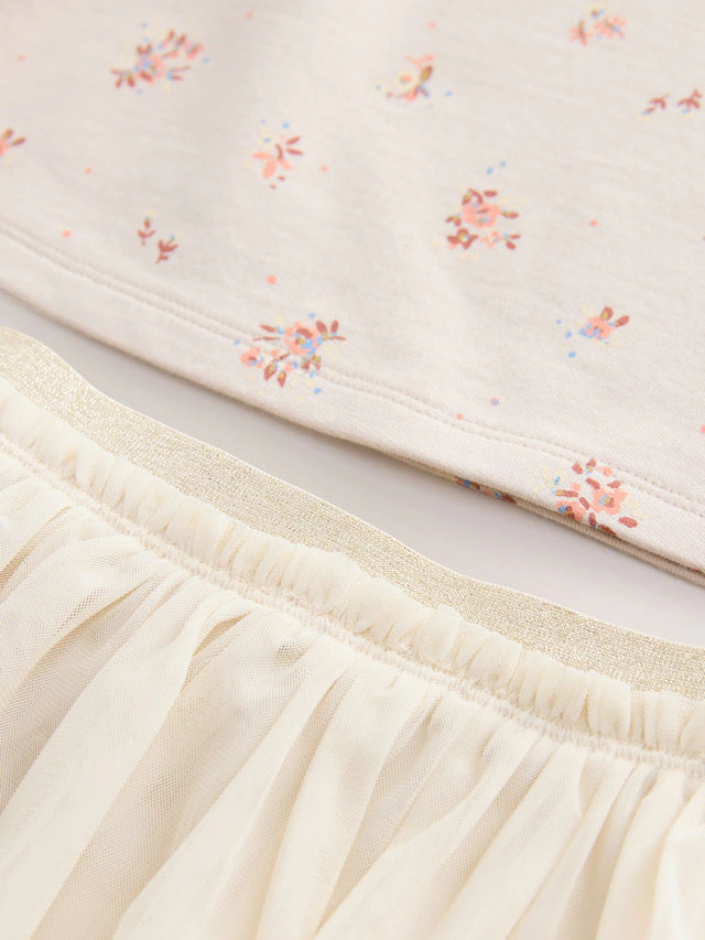 |Girl| Conjunto De Blusa e Saia De Manga Curta Com Estampa Floral Creme (3 meses a 7 anos)
