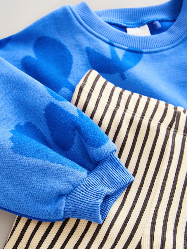 |Girl| Conjunto De Moletom Com Estampa De Flor Azul e Legging Flare (3 meses a 7 anos)