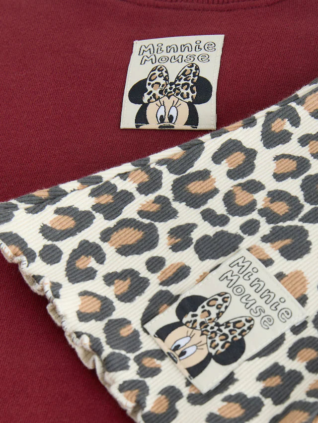 |Girl| Conjunto De Moletom e Legging Flare Minnie Mouse Com Oncinha Vermelha Bordô (3 meses a 7 anos)