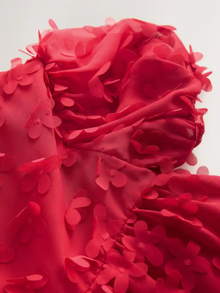 |Girl| Vestido Vermelho De Manga Curta Com Flores 3D (3 meses a 8 anos)