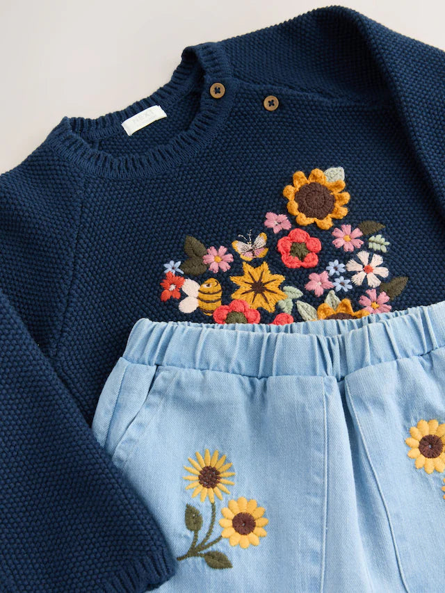 |Girl| Conjunto De Calça Jeans e Suéter Sunflower Blue Denim (3 meses a 7 anos)