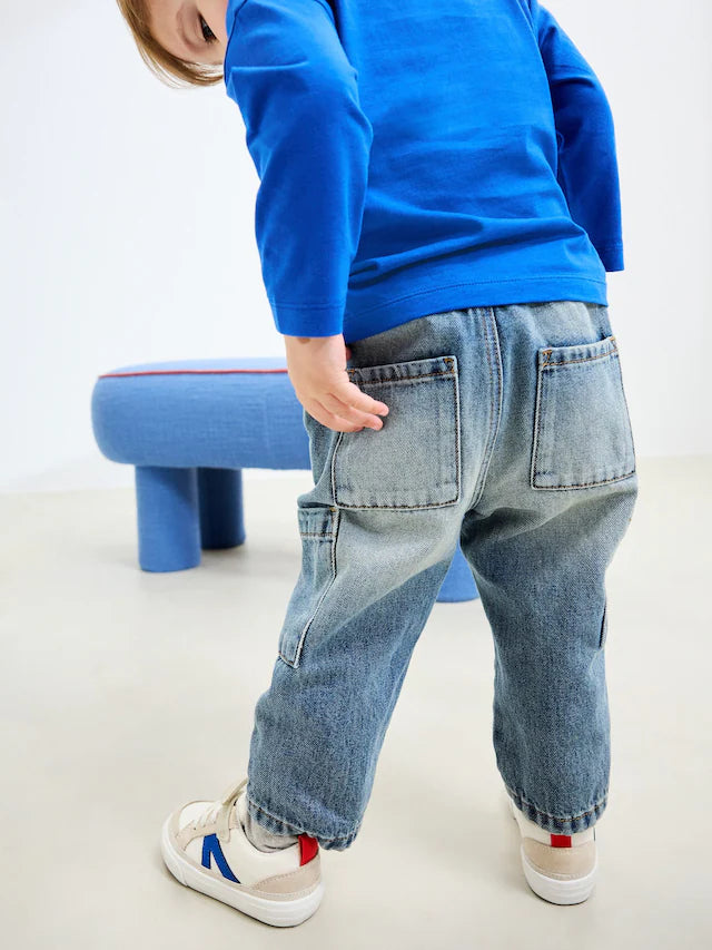 |Boy| Calça Jeans Cargo Azul Médio (3 meses a 7 anos)