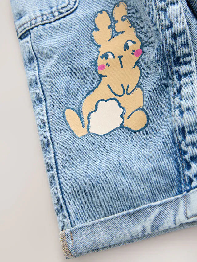 |Girl| Conjunto De Macacão Jeans Azul Médio Com Estampa Animal e Camiseta Listrada (3 meses a 7 anos)