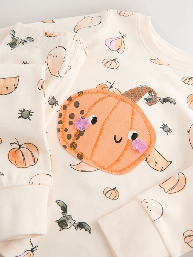 |Girl| Pijama de Halloween Com Estampa De Abóbora Crua e Branca (9 meses a 12 anos)