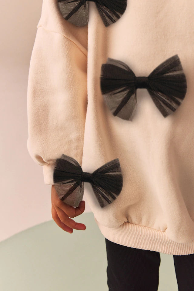 |Girl| Conjunto De Moletom e Flare Creme Com Laço (3 meses a 7 anos)