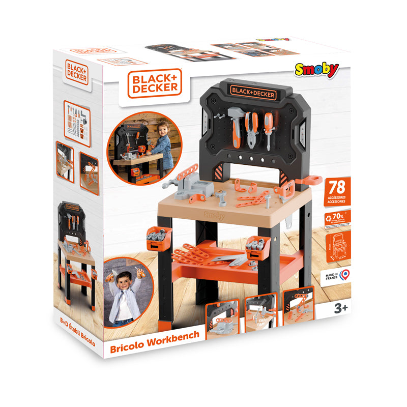 Black And Decker Bancada de Trabalho Bricolo da Smoby – Oficina de "Faça Você Mesmo" com Ferramentas (Martelo, Chave de Fenda) e Plástico Reciclado – Para Crianças a Partir de 3 Anos