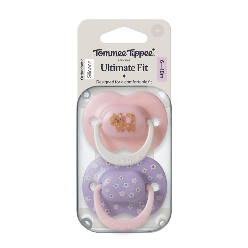 Tommee Tippee Chupeta Ultimate Fit para meninas de 6 a 18 meses (2 unidades) com alça compatível com prendedor de chupeta