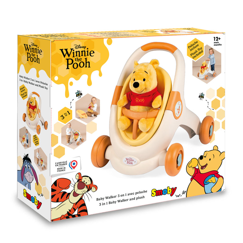 Winnie The Pooh Andador 3 em 1 the Pooh com Pelúcia, Carrinho de Boneca e Assento Removível, Assento Giratório Ajustável, Sistema de Freio nas Rodas, Auxílio para Caminhada, 12+ Meses