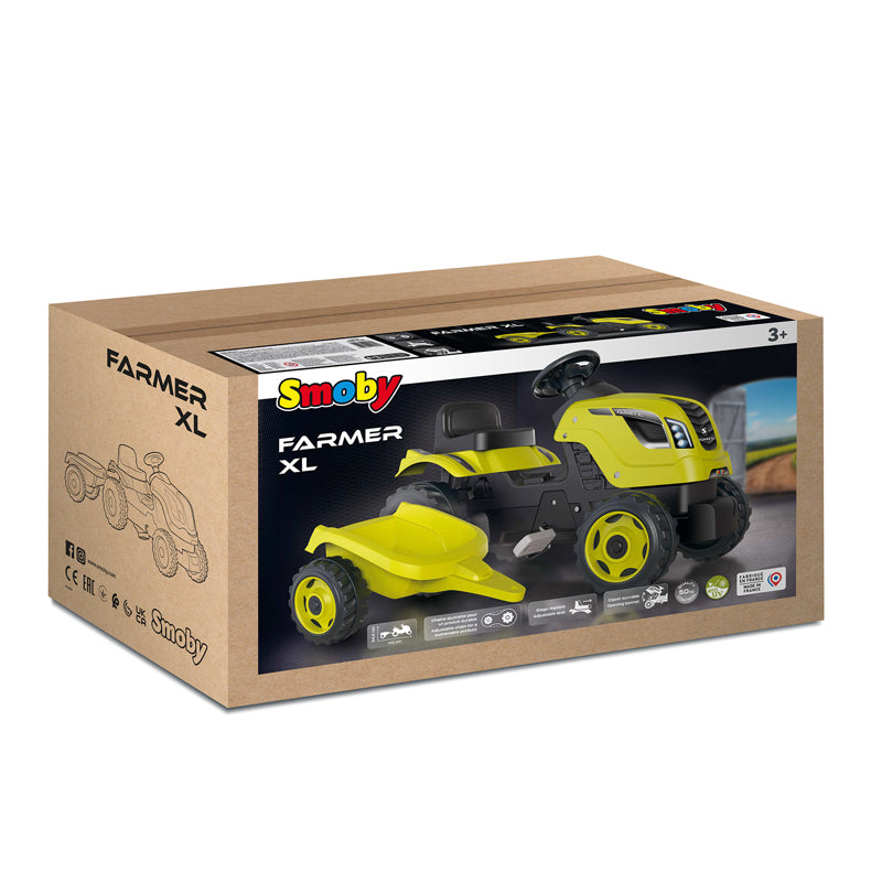 Smoby Farmer Trator a Pedal XL Verde com Reboque Removível, Assento Ajustável, Buzina e Capô que Abre