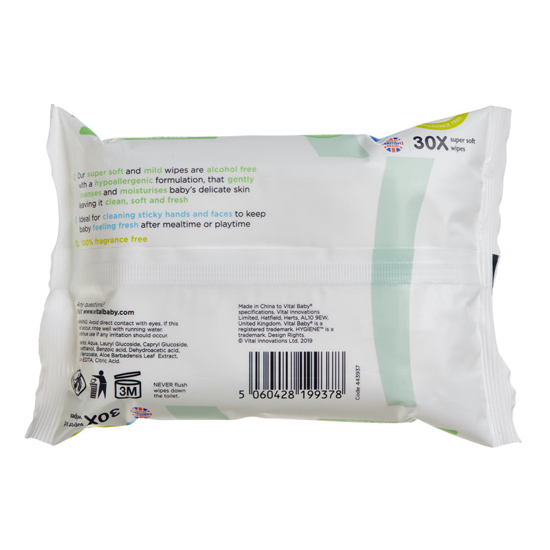 Vital Baby Lenços umedecidos super macios para mãos e rosto Hygiene - Sem fragrância, pacote com 30 unidades