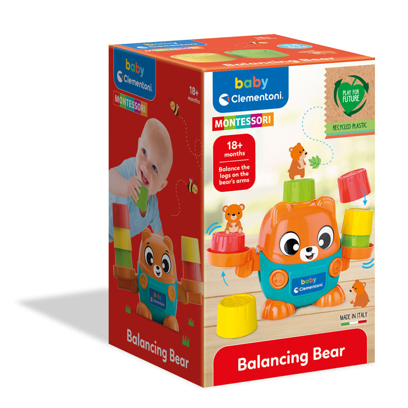 Clementoni Urso de Equilíbrio Montessori Empilhe os blocos em cima da cabeça do urso.