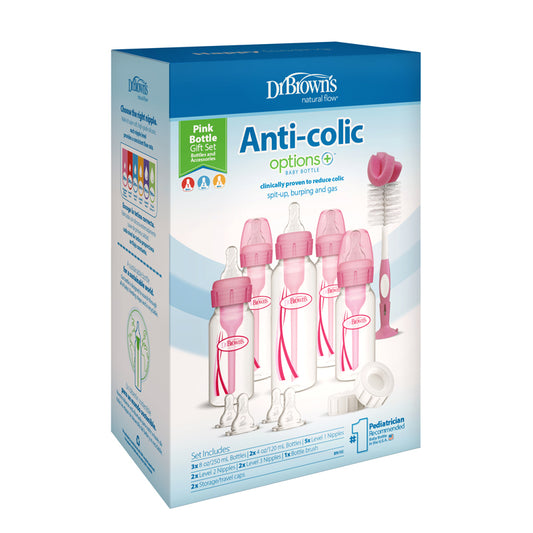 Dr. Brown Opções anticólicas do + conjunto de mamadeira rosa com pescoço estreito