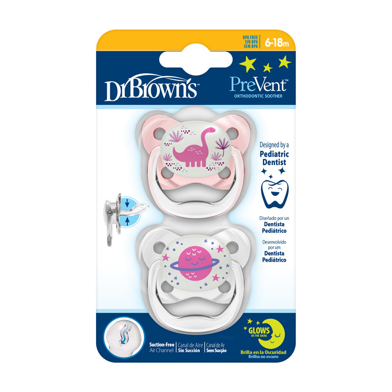 Dr Brown's PreVent Glow In The Dark Butterfly Chupetas Rosa 6-18m 2Pk
