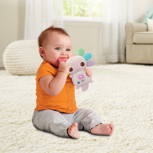 VTech Mordedor musical para axolote Rainbow Colours com guelras de silicone rosa.