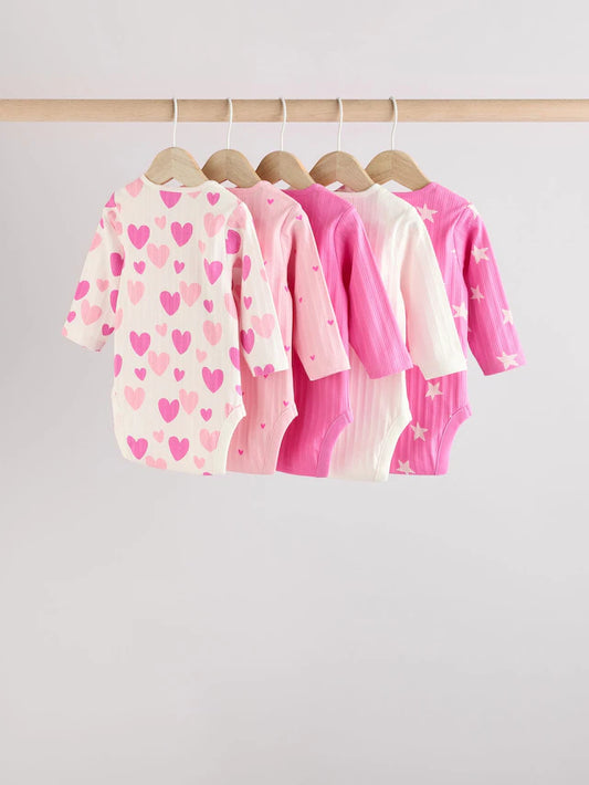 |BabyGirl| Body Rosa Estrela Bebê Manga Longa 100% Algodão Pacote Com 5