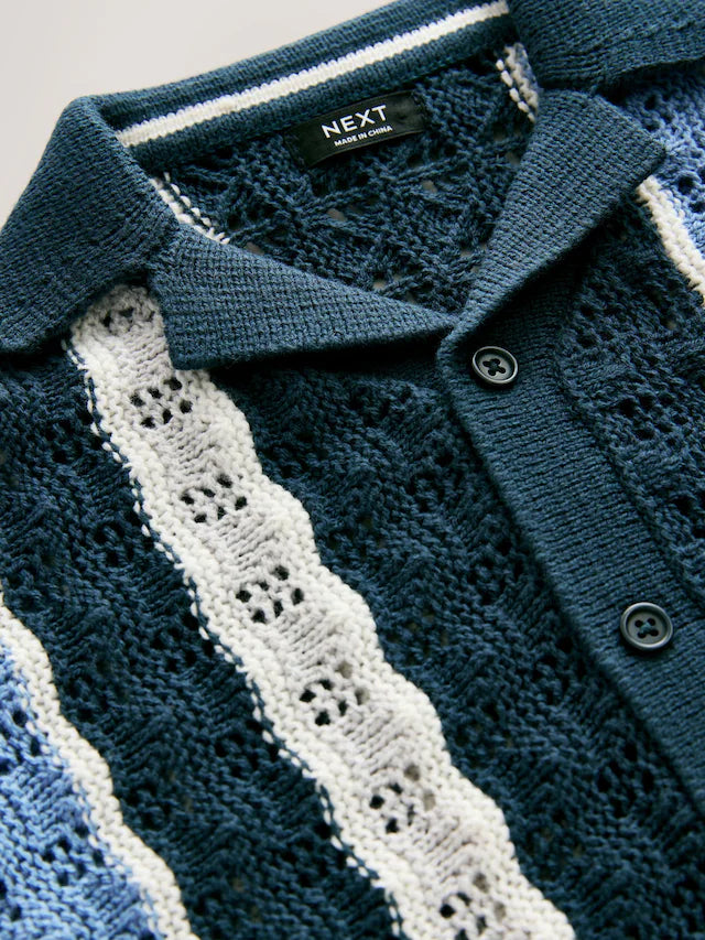 |Boy| Camisa Polo De Malha Azul De Crochê Com Gola Reverência e Manga Curta (3 meses a 7 anos)