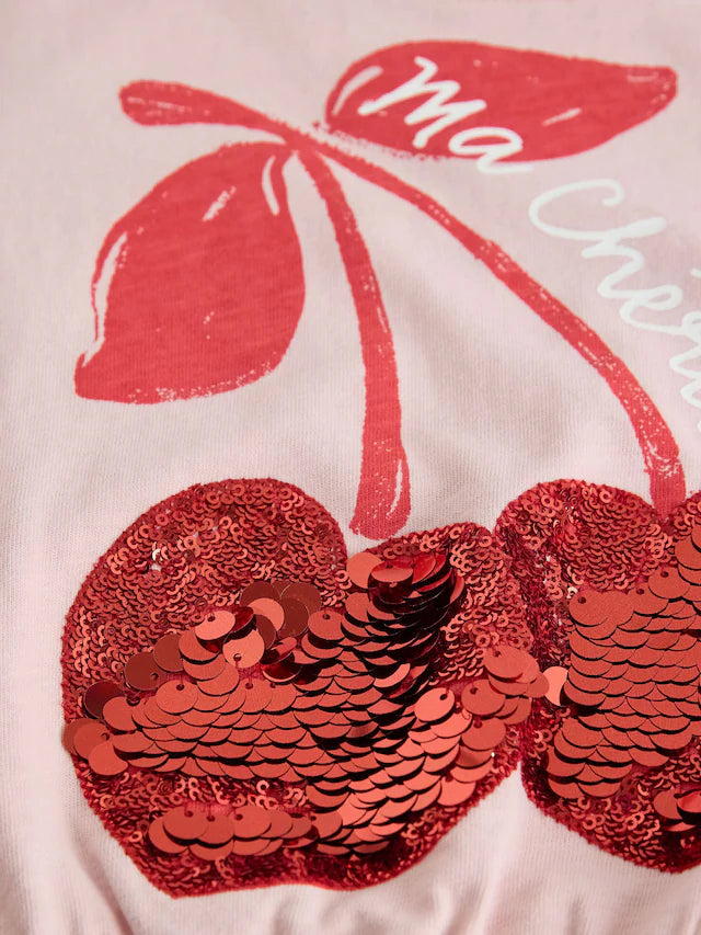 |BigGirl| Moletom Rosa Lantejoulas Cereja Boxy Manga Comprida 100% Algodão (3-16 anos)