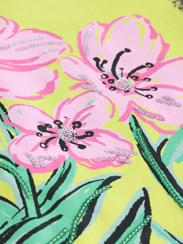 |BigGirl| Camiseta Grande Com Estampa De Flor De Lantejoulas Cinza Carvão 100% Algodão (3 a 16 anos)