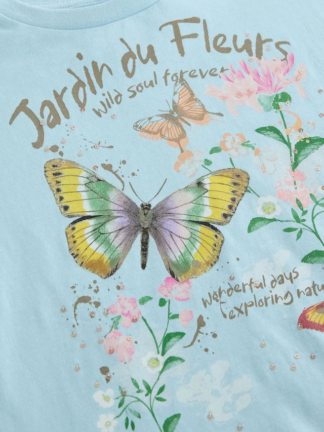 |BigGirl| Camiseta 100% Algodão Com Franja De Borboleta e Lantejoulas Azuis (3-16 anos)