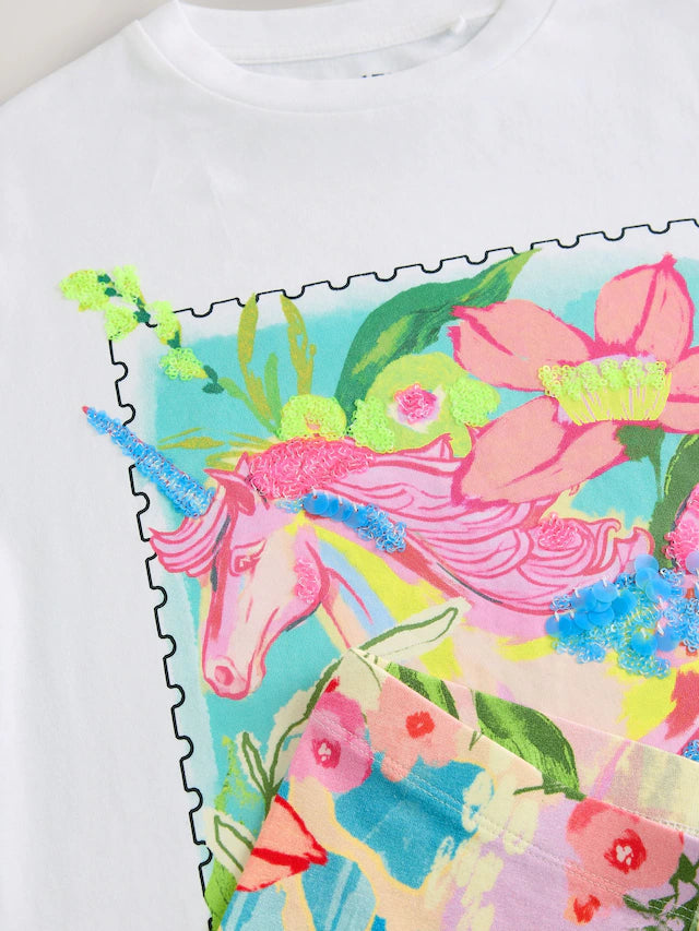 |BigGirl| Conjunto De Camiseta e Leggings Grandes De Unicórnio Com Lantejoulas Brancas (3 a 16 anos)