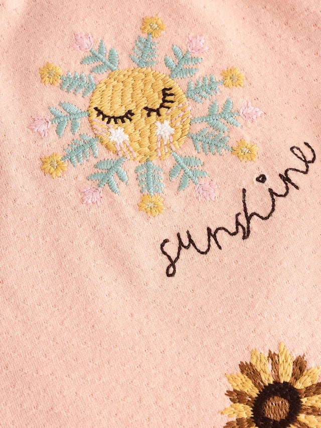 |Girl| Conjunto De Camiseta e Shorts Peplum De Manga Curta Com Bordado De Flor Rosa Coral 100% algodão