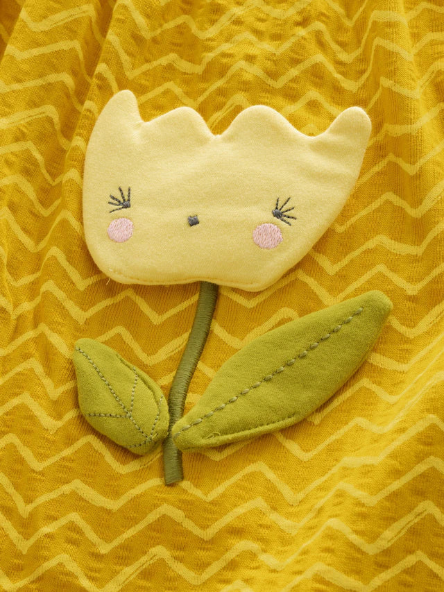 |Girl| Vestido De Manga Curta 100% Algodão Com Estampa Floral Acolchoada Amarelo Ocre (3 meses a 7 anos)