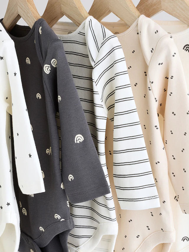 |BabyBoy| Body Preto e Branco Para Bebê, Manga Longa, 100% Algodão, Pacote Com 5 Unidades