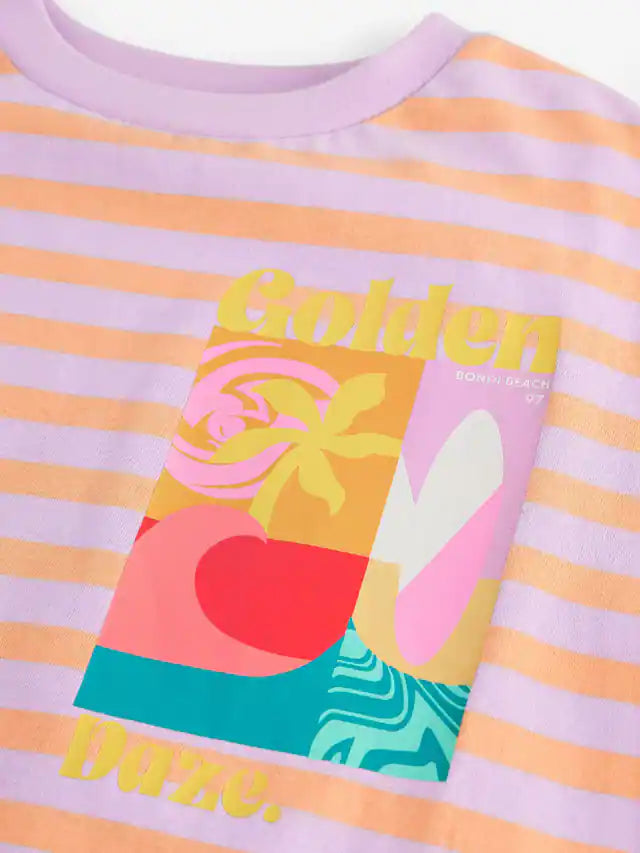 |BigGirl| Camiseta Gráfica Grande Roxa/Laranja 100% Algodão (3-16 anos)