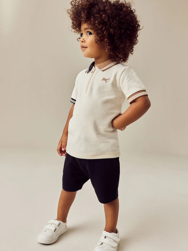 |Boy| Conjunto De Polo e Shorts Marrom Bege, Manga Curta, Gola Com Zíper (3 meses a 7 anos)